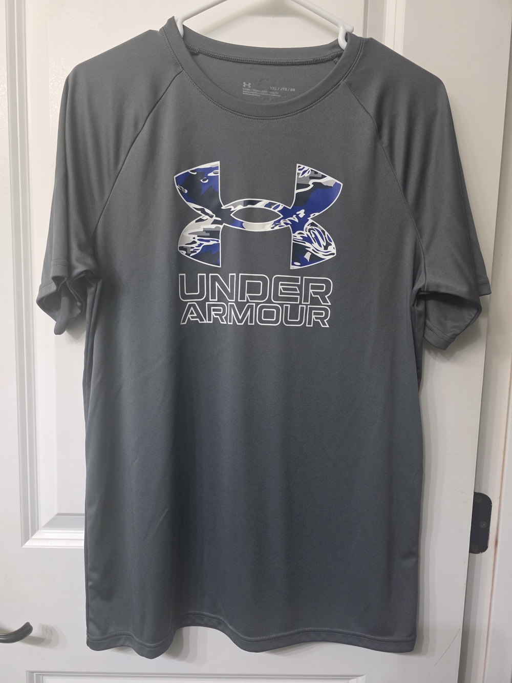 Under Armour Boys' Grey Short-Sleeve Performance Tee with Blue Logo